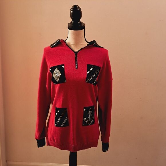 Chic Pink Sweater with Black Accents Women's Large - Picture 2 of 11